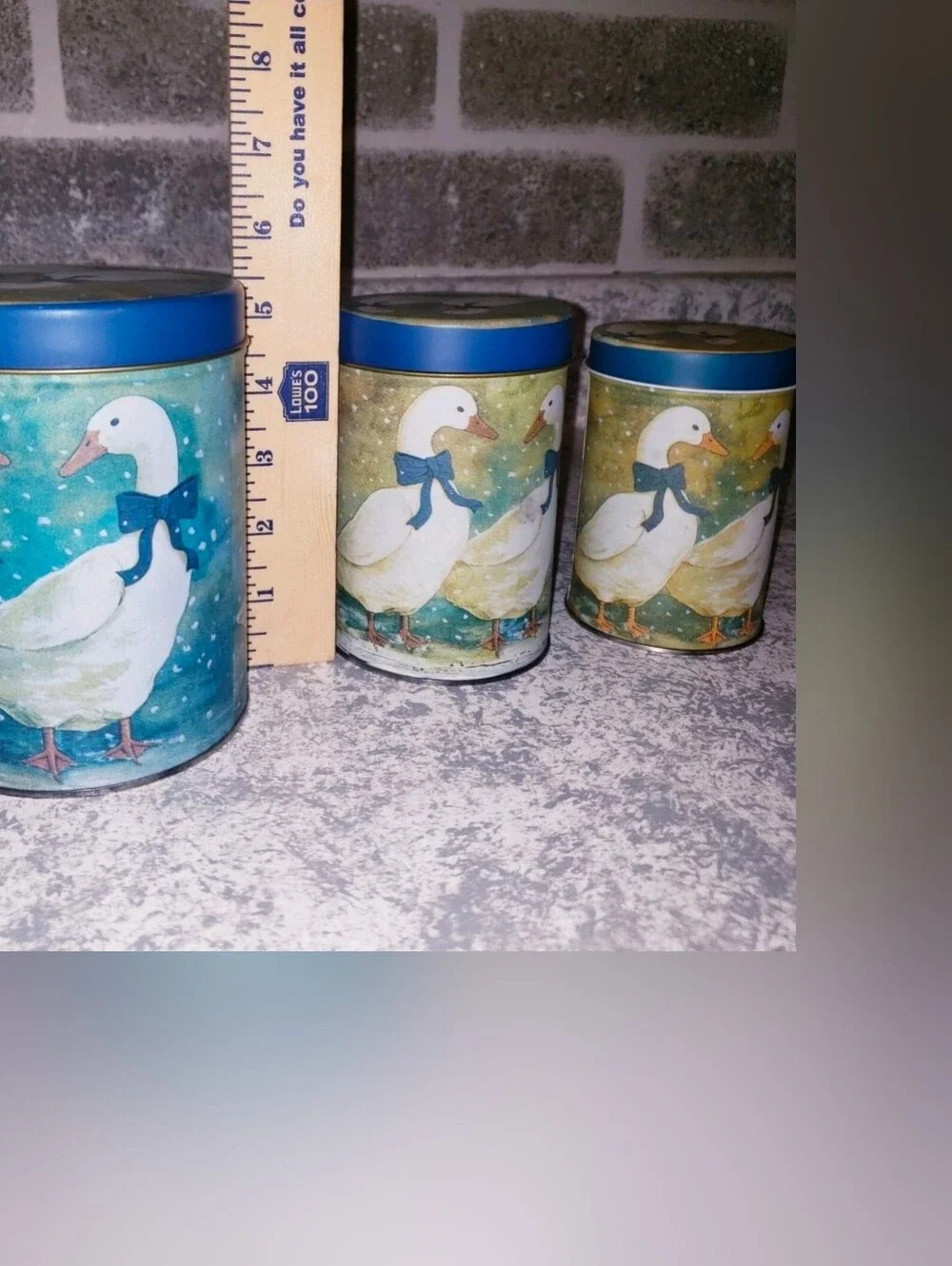 Snow Geese Goose Duck Canister Tin 3 Pc Nesting 1980's Vintage Blue Bows Taiwan.